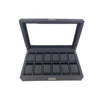 Modern and elegant watch box in black carbon, designed to store 12 watches